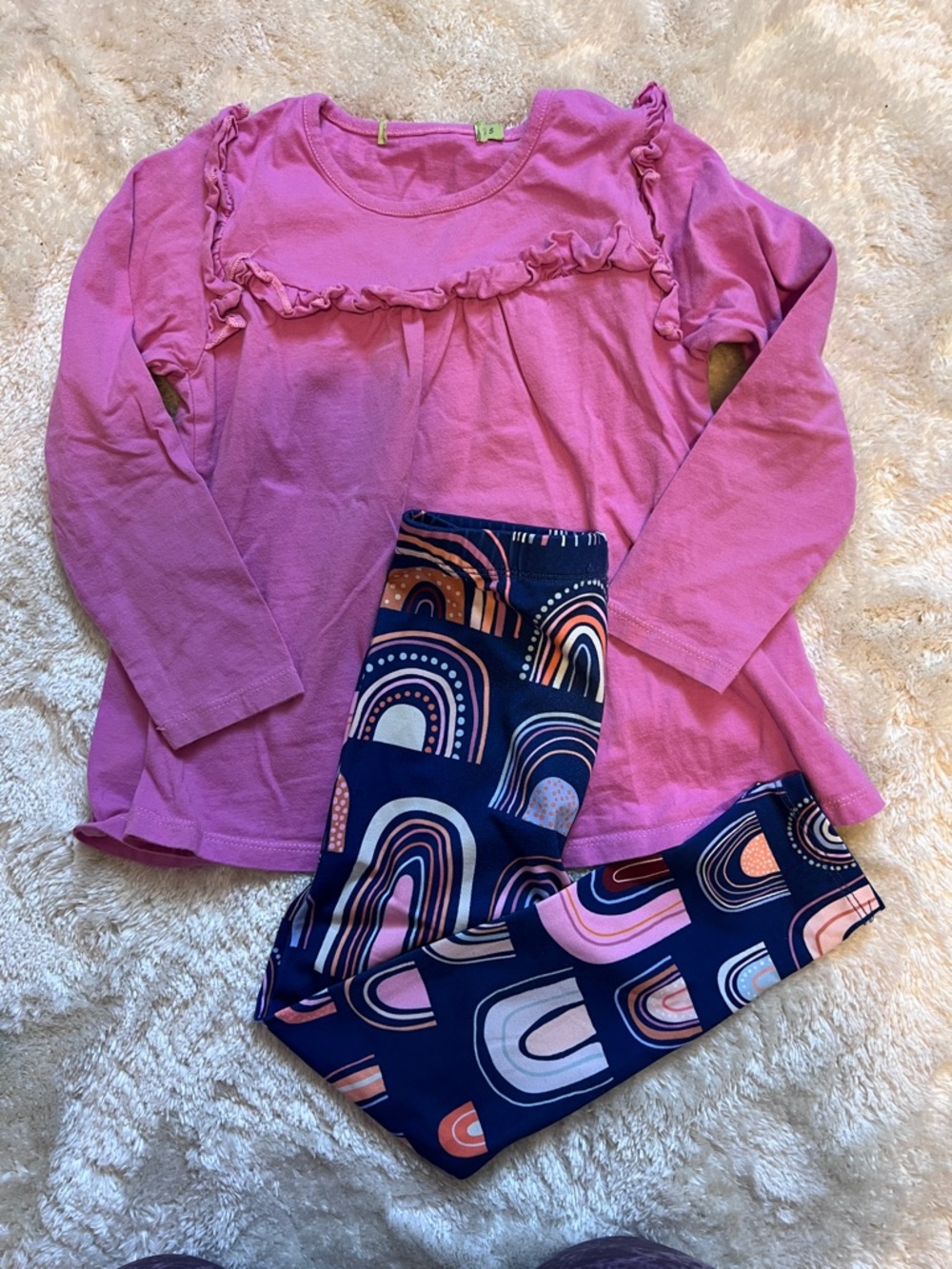Girls Purple Ruffle Long Sleeve Top with Navy Rainbow Leggings